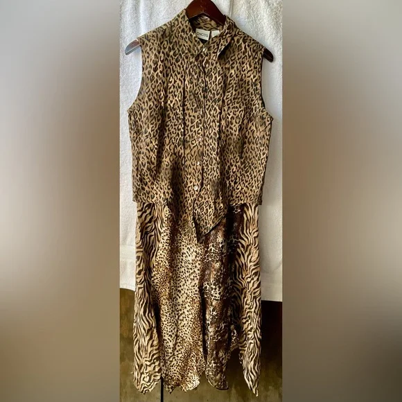 Chico's Brown and Black Animal Print Sleeveless Notched Collar Midi Dress Set - Picture 3 of 16